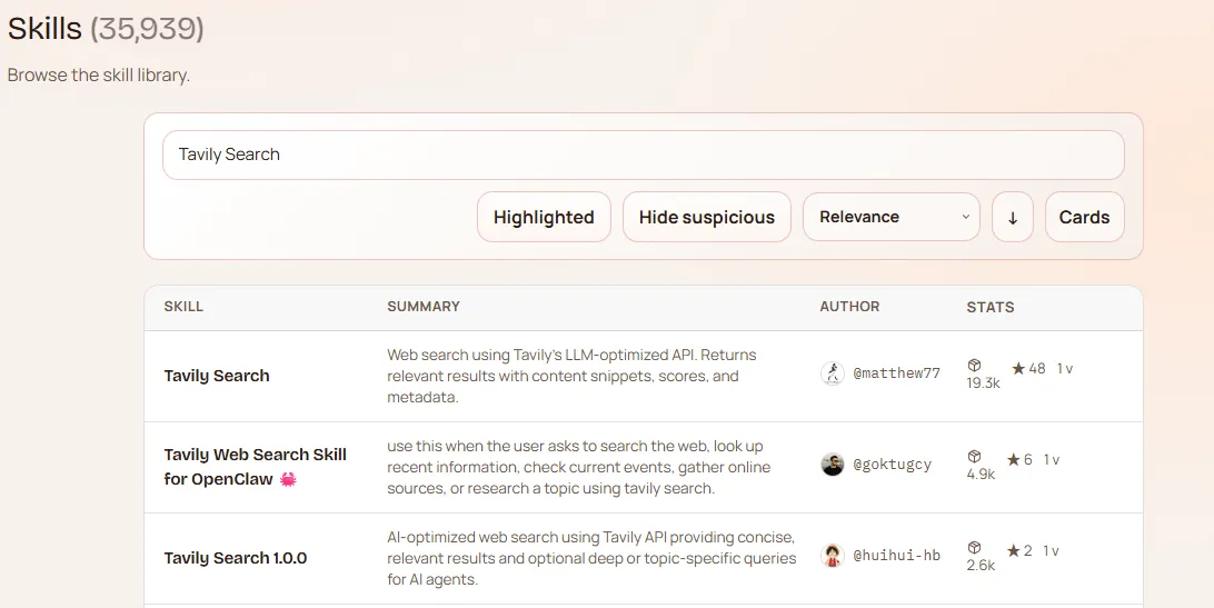 在 ClawHub 中搜索 Tavily Search Skill 的页面截图