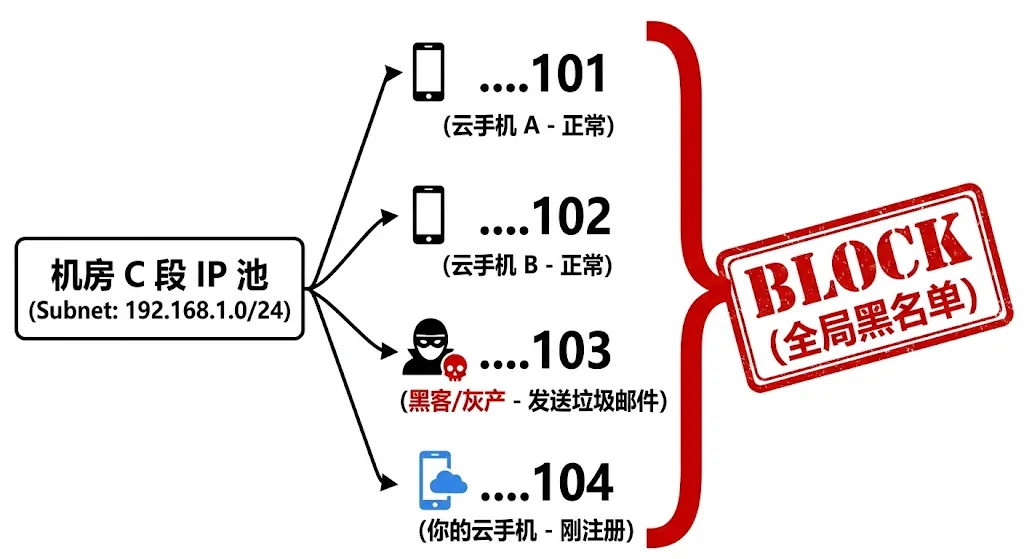 机房连续网段中的单个恶意 IP 导致整个 C 段被列入黑名单的示意图