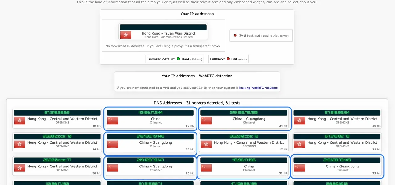 未跳过IP解析引发明文请求导致的典型DNS泄露结果