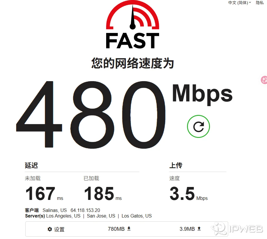 Fast.com 基础测速页面示例，可查看下载速度、延迟与上传速度