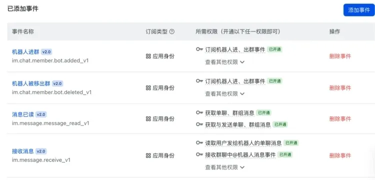 飞书开放平台事件配置页面，已添加机器人进群、机器人被移出群、消息已读和接收消息等事件