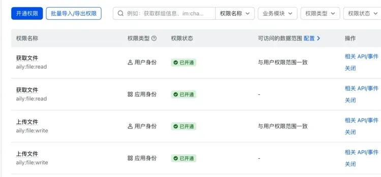 飞书开放平台权限管理页面，权限列表中多项权限状态显示为已开通