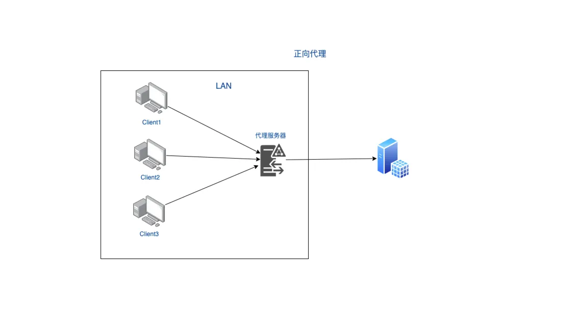 正向代理示意图，客户端先访问代理服务节点，再由代理服务节点访问目标服务器