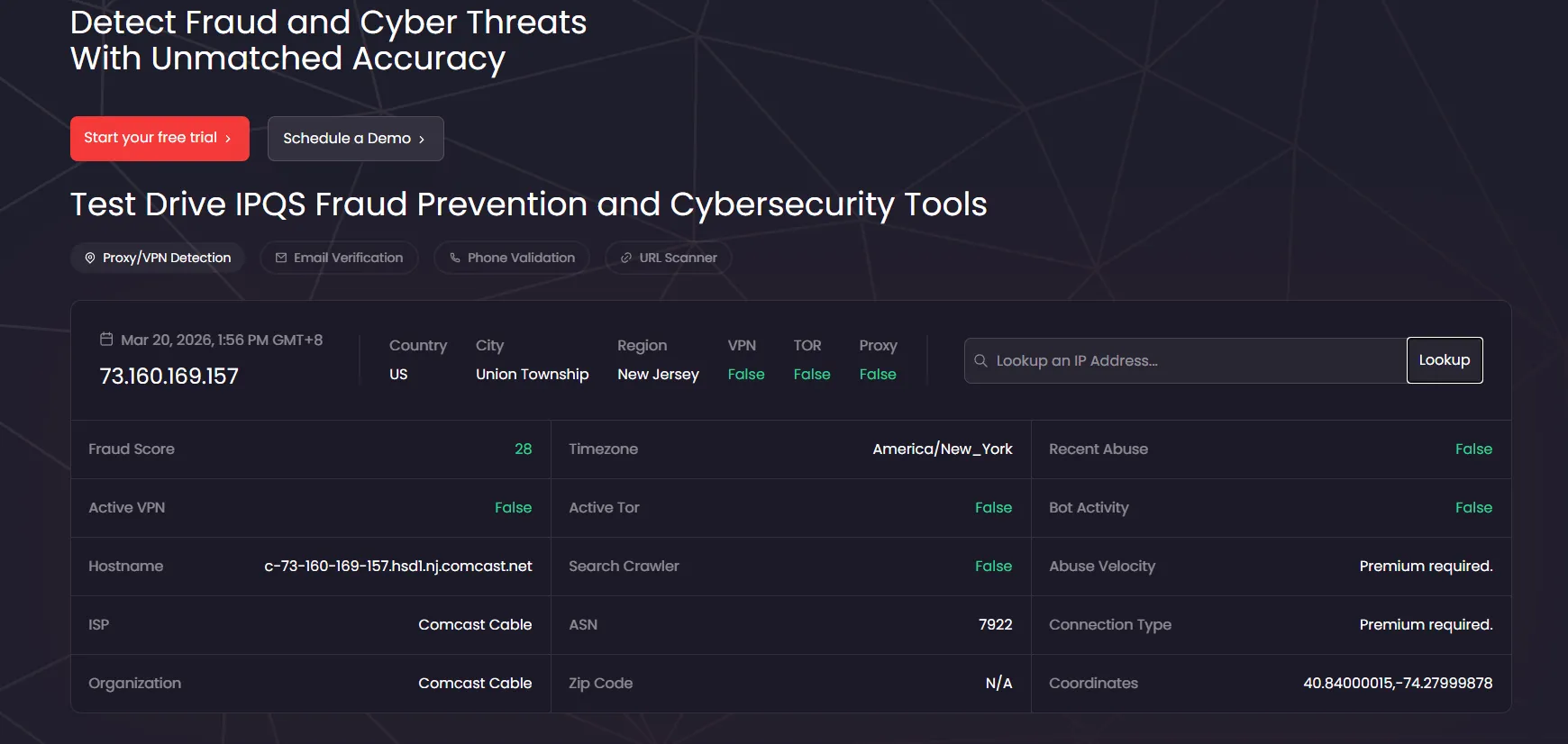 IPQS页面显示IP欺诈评分、VPN检测、TOR检测和近期滥用记录等结果