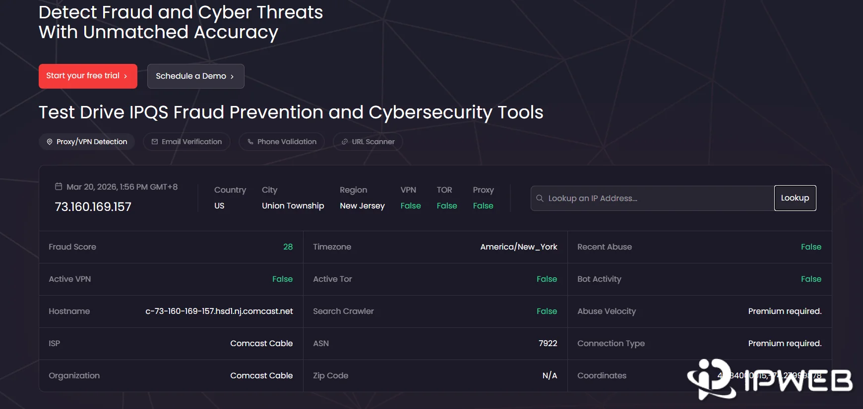 IPQS页面显示IP风险评分、代理工具检测、TOR检测和近期滥用记录等结果