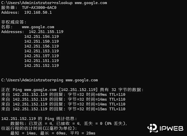 使用 nslookup 和 ping 测试 DNS 解析与基础连通性示例