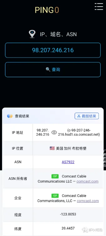 通过浏览器查询当前手机出口 IP 确认连通性