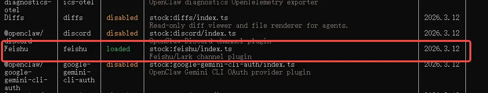 OpenClaw 插件列表界面，Feishu 状态显示为 loaded，表示飞书插件已成功启用