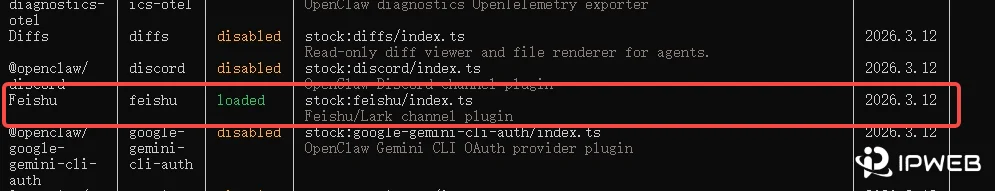 OpenClaw 插件列表界面，Feishu 状态显示为 loaded，表示飞书插件已成功启用