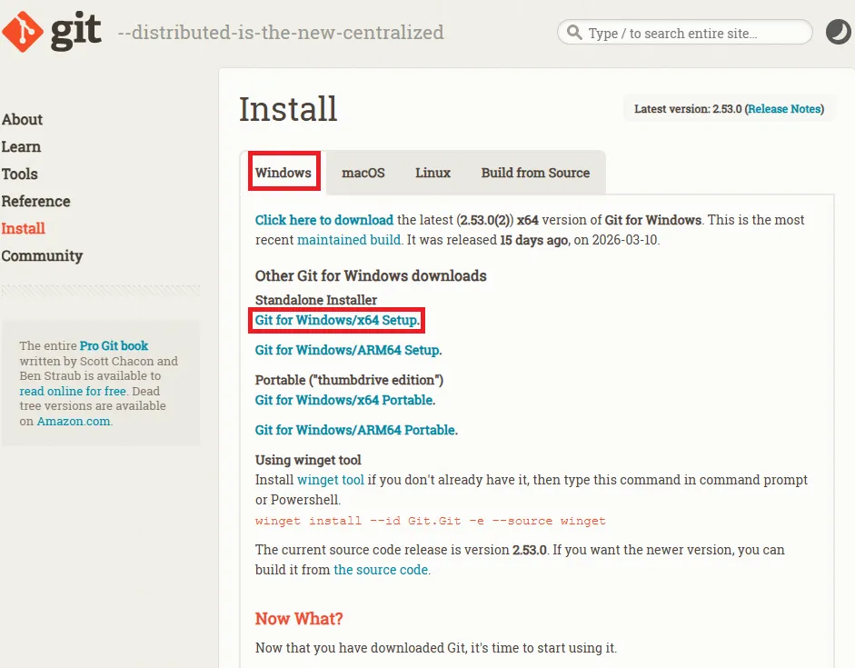 Git for Windows 下载页面示意图，页面中标出 Windows 下载链接位置