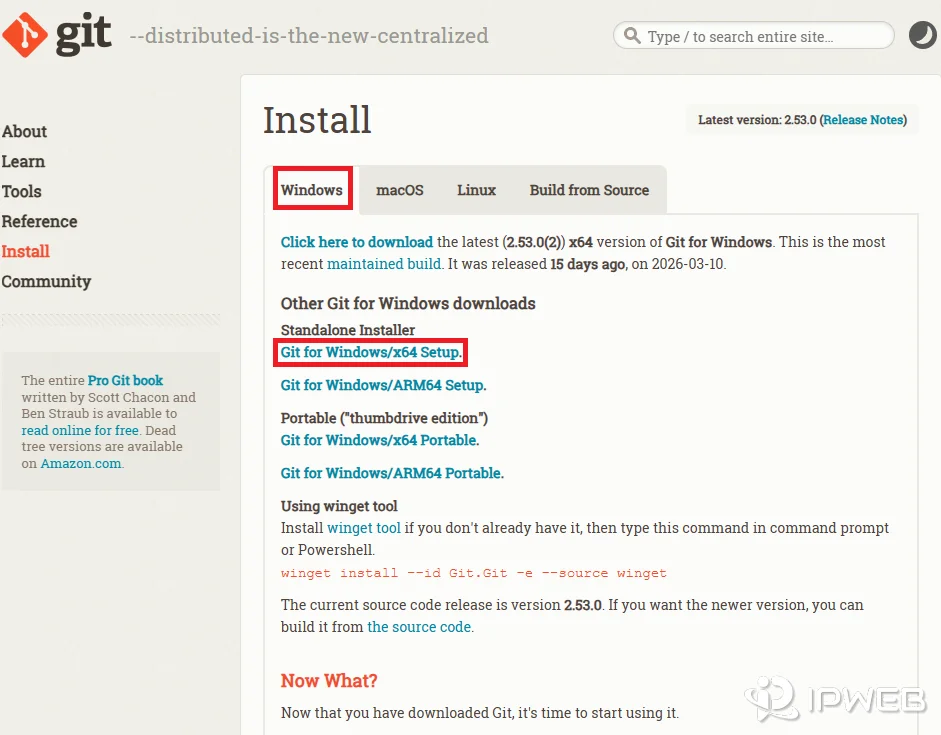 Git for Windows 下载页面示意图，页面中标出 Windows 下载链接位置