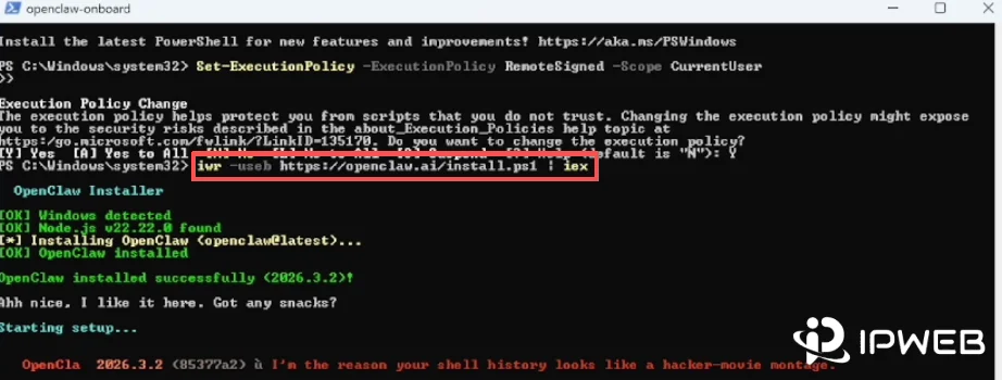 在 PowerShell 中执行 OpenClaw 官方安装命令的终端界面示意图