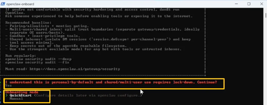 OpenClaw 初始化配置向导中选择 Yes 和 QuickStart 的界面示意图