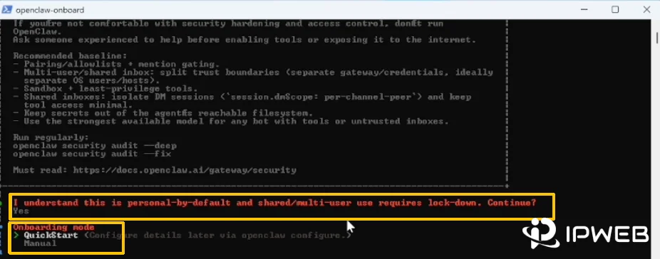 OpenClaw 初始化配置向导中选择 Yes 和 QuickStart 的界面示意图