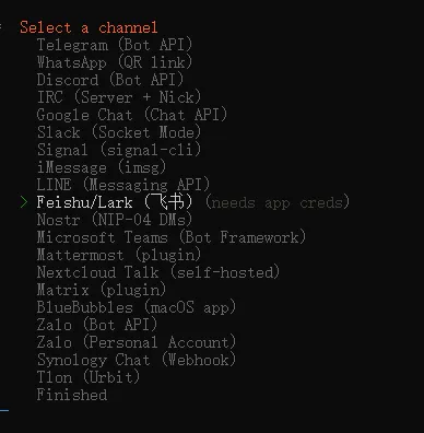 OpenClaw 终端选择 channel 的界面，当前高亮选中 Feishu/Lark 飞书选项