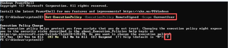 在 PowerShell 中执行 Set-ExecutionPolicy 命令的终端界面示意图