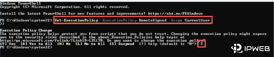 在 PowerShell 中执行 Set-ExecutionPolicy 命令的终端界面示意图