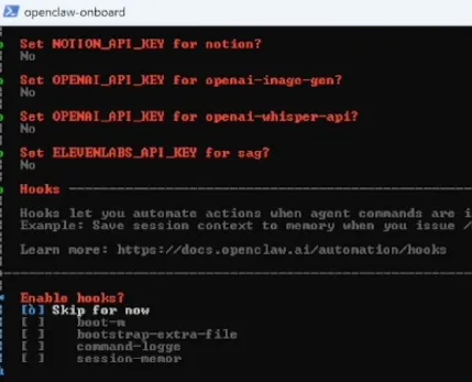 OpenClaw 初始化向导中跳过附加配置项的界面示意图