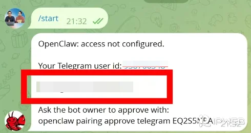 Telegram 机器人首次打开时的对话窗口示意图，页面显示 OpenClaw access not configured 和配对码信息