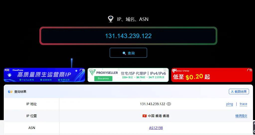 通过 ping0 查询当前出口 IP 的结果示意图，可用来确认 Clash Verge 代理是否已经生效