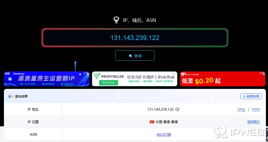 通过 ping0 查询当前出口 IP 的结果示意图，可用来确认 Clash Verge 代理是否已经生效