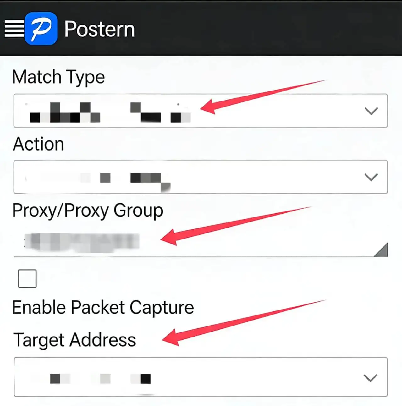 Postern规则配置界面，设置匹配类型动作和代理节点