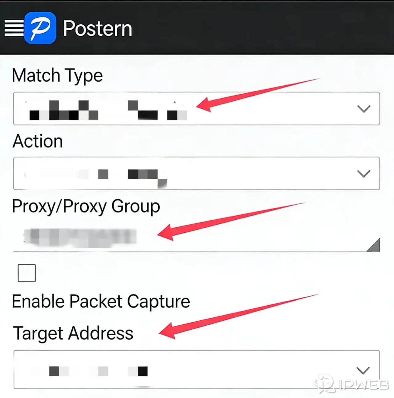 Postern规则配置界面，设置匹配类型动作和代理节点