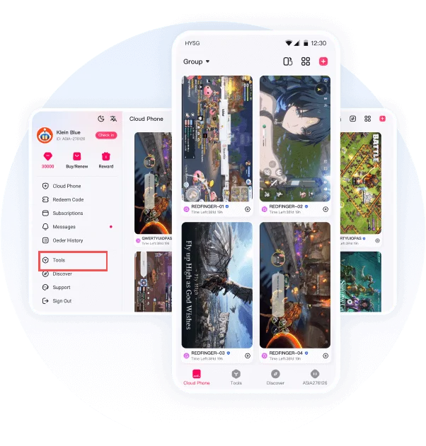 红手指Redfinger云手机主界面：侧边栏用户信息、多设备云手机列表与游戏应用展示