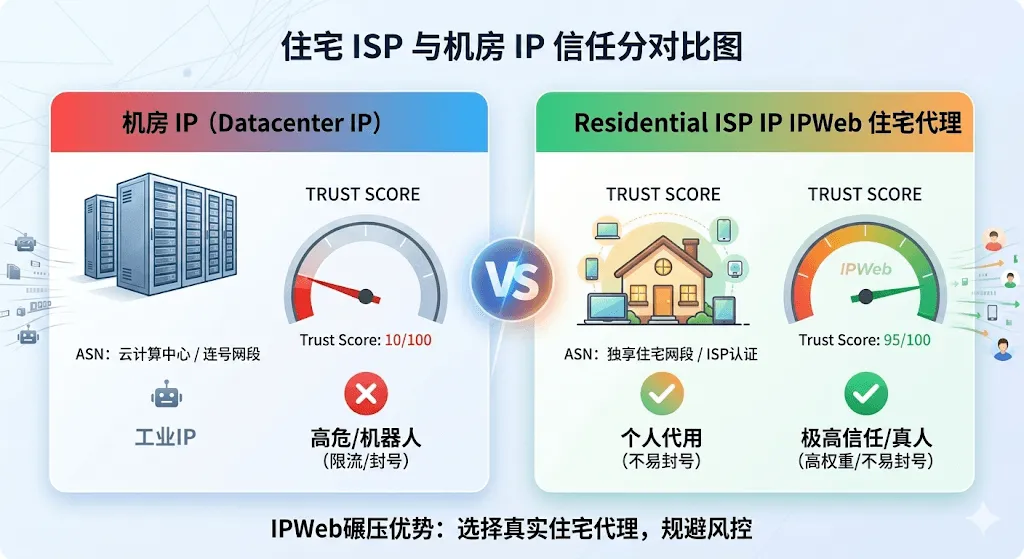 住宅 ISP 代理与机房 IP 在社交平台风控系统中的信任评分对比图