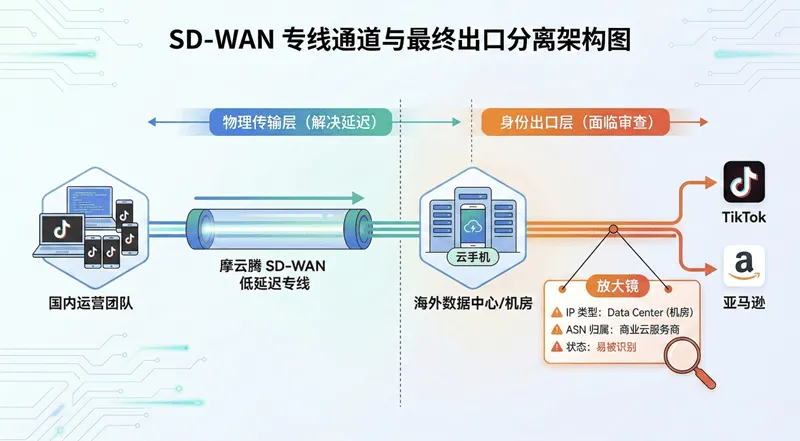 跨境专线数据传输链路与最终网络出口识别分离架构演示图，说明了 SD-WAN 专线与本地机房 IP 出口的关系