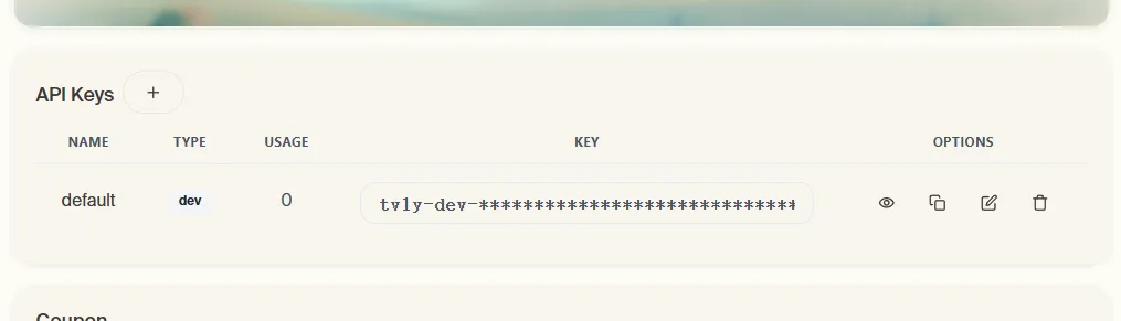 在 Tavily 平台后台获取 API 密钥的页面截图