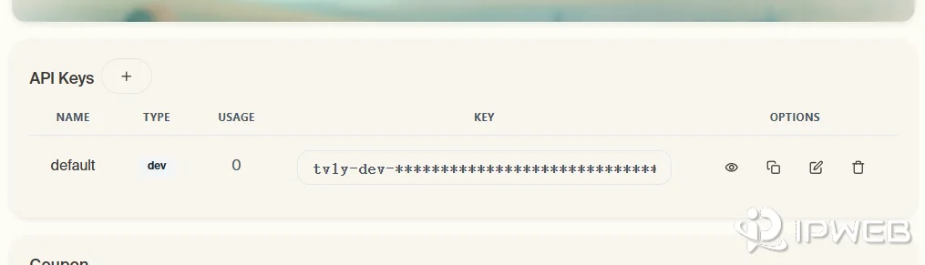 在 Tavily 平台后台获取 API 密钥的页面截图