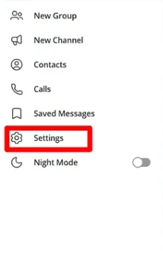 Telegram桌面端左上角菜单选择Settings选项示例图