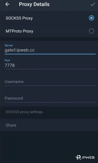 Telegram移动端选择代理类型及填写服务器端口参数示例图