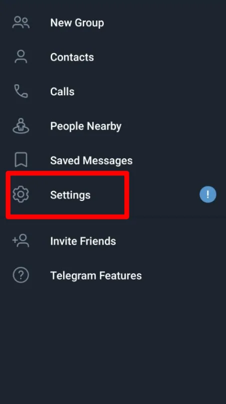 Telegram移动端首页左上角菜单或右下角设置入口示例图