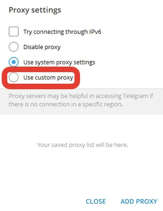 Telegram桌面端勾选使用自定义代理选项示例图