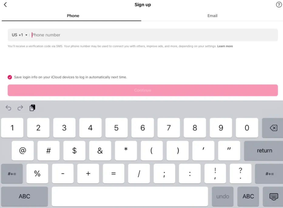 TikTok邮箱注册方式选择界面