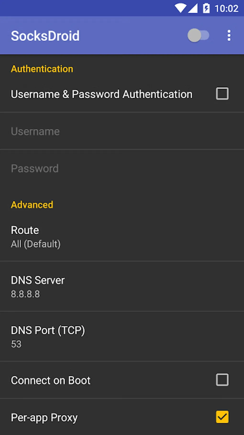 SocksDroid 客户端主界面参数配置示例，包含服务器 IP、端口及用户认证信息