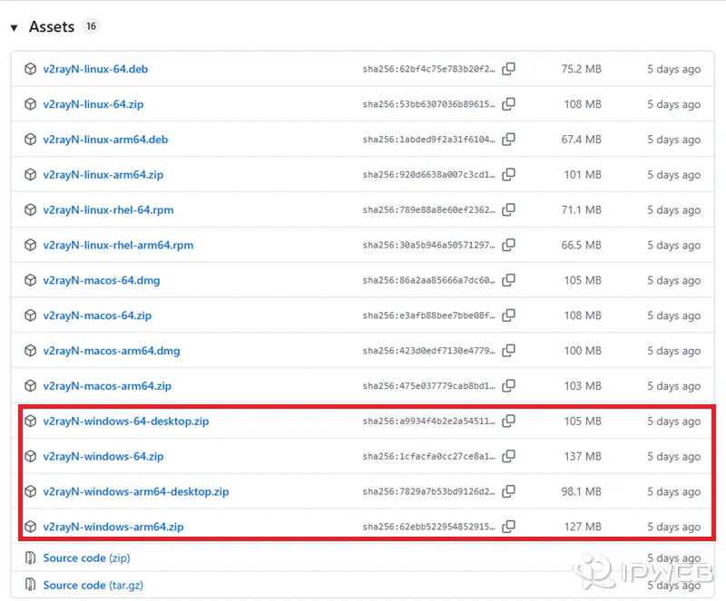 GitHub Releases 页面中 v2rayN 安装包