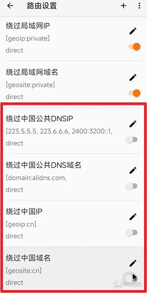v2rayNG 路由设置中中国公共 DNS IP 直连、中国公共 DNS 域名直连、中国 IP 直连、中国域名直连选项的界面截图