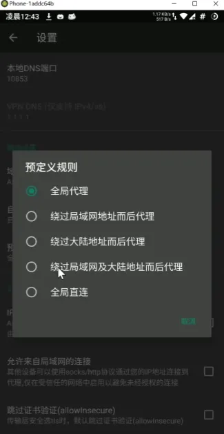 V2rayNG预设路由规则切换局域网及大陆地址