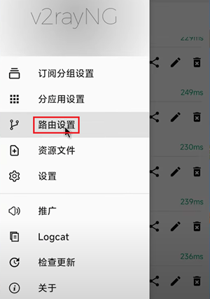 v2rayNG 设置页面中查找路由设置选项的界面截图