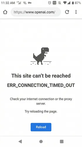 VMOS虚拟机内部浏览器在开启代理后页面加载失败，界面中心显示 ERR_CONNECTION_TIMED_OUT 网络超时错误提示