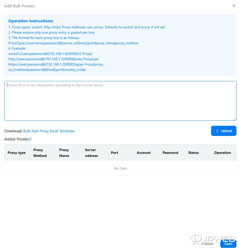 VMOS Cloud 批量添加代理界面截图，页面中显示代理格式说明、批量输入框、上传按钮以及代理类型、地址、端口、账号和密码等字段