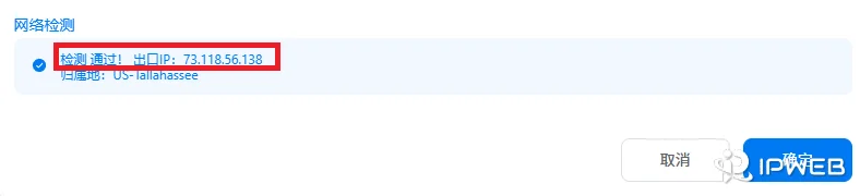网络检测结果面板中，以红框高亮标注了“检测通过”的提示以及成功获取到的出口 IP 地址
