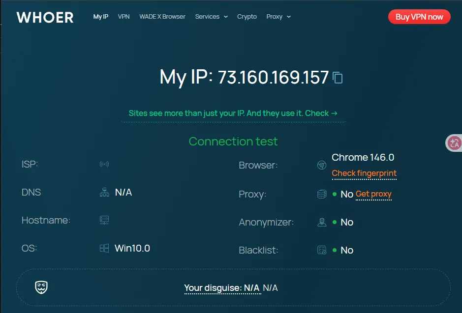 Whoer页面显示浏览器、代理、伪装度和连接环境检测结果