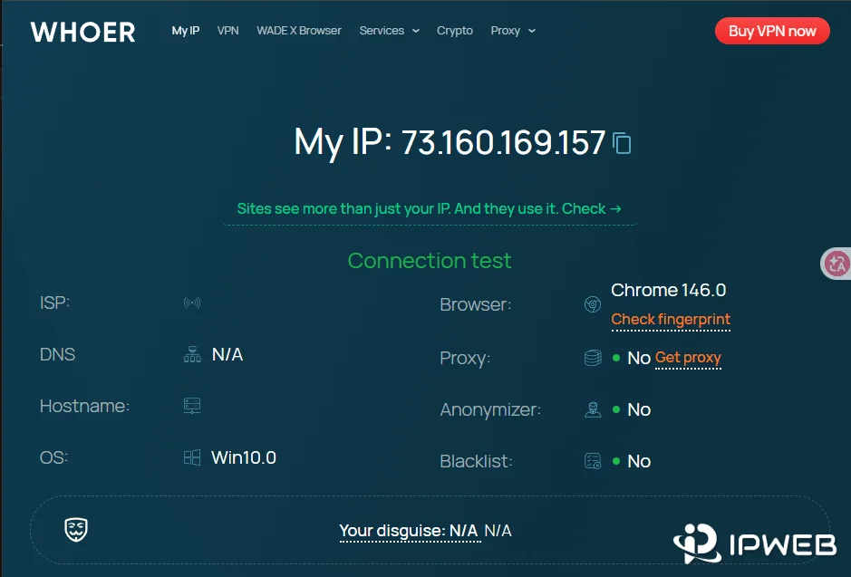 Whoer页面显示浏览器、代理、伪装度和连接环境检测结果
