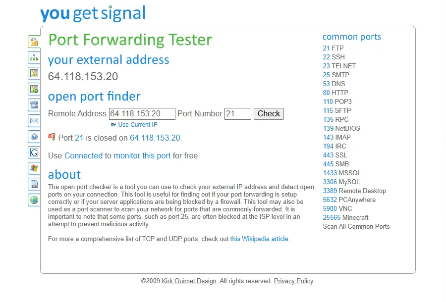 YouGetSignal 在线端口扫描工具界面与端口检测结果示例