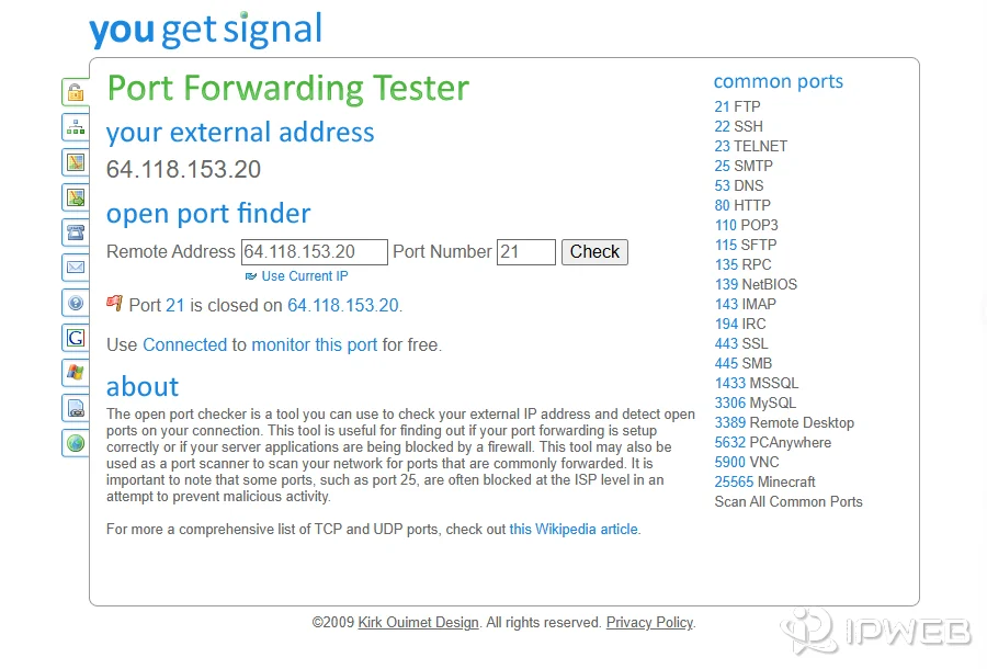 YouGetSignal 在线端口扫描工具界面与端口检测结果示例