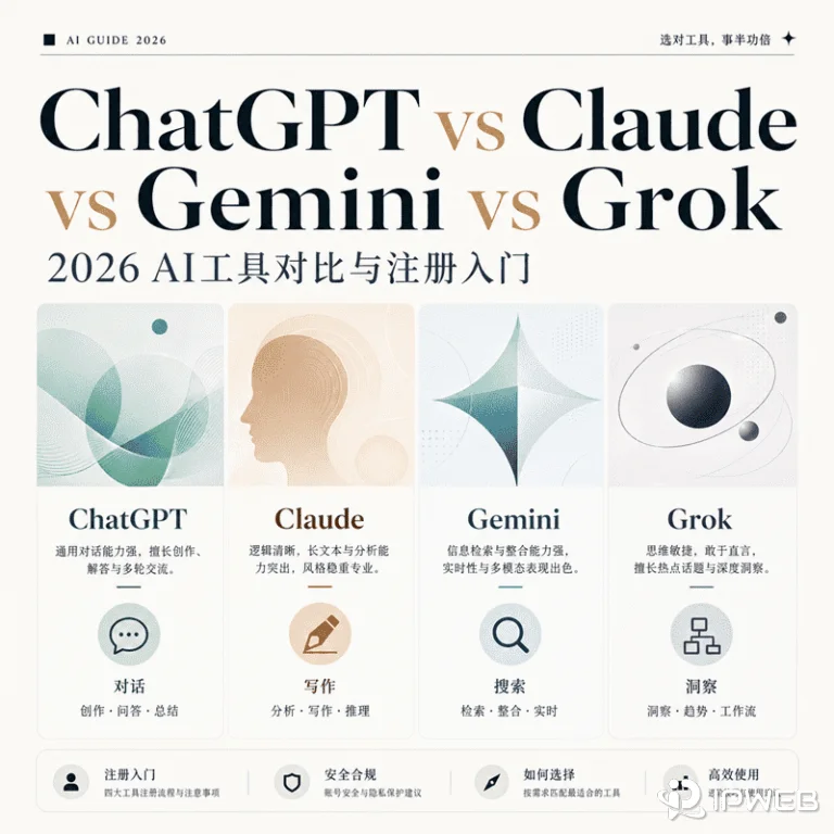 ChatGPT vs Claude vs Gemini vs Grok：2026年AI工具对比与注册入门指南